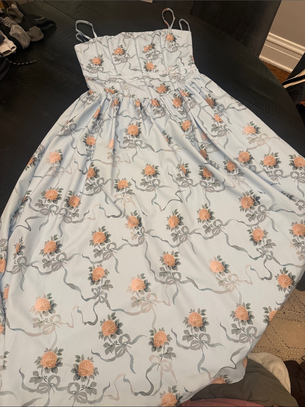 Pastel Blue Floral Sundress with Peach Rose Print